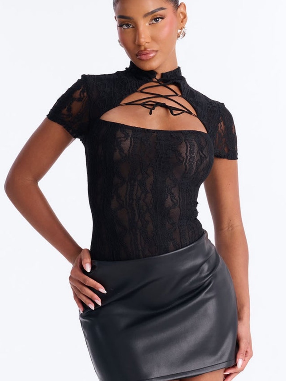 Black Lace Cutout bodysuit -Fashion nova